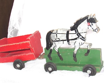 Vintage Handmade Wooden Pony Cart Toy, Folk Art Decor