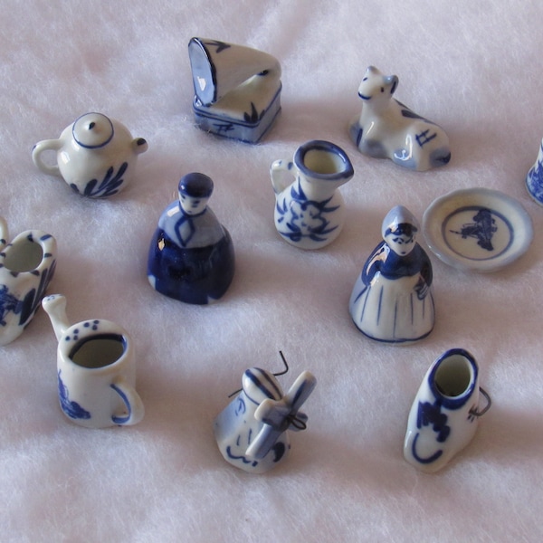 Vintage Lot of Twelve Delft Pottery Miniature Figures, 1 to 2 Inches Big, Made in Taiwan, Enescoware