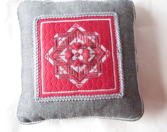 Vintage Throw Pillow, Accent Pillow, Gray 10" Square, Crewel Embroidery, Center Star, 4 Red Hearts, Home Decor, Mothers Day Gift, GrannyCore