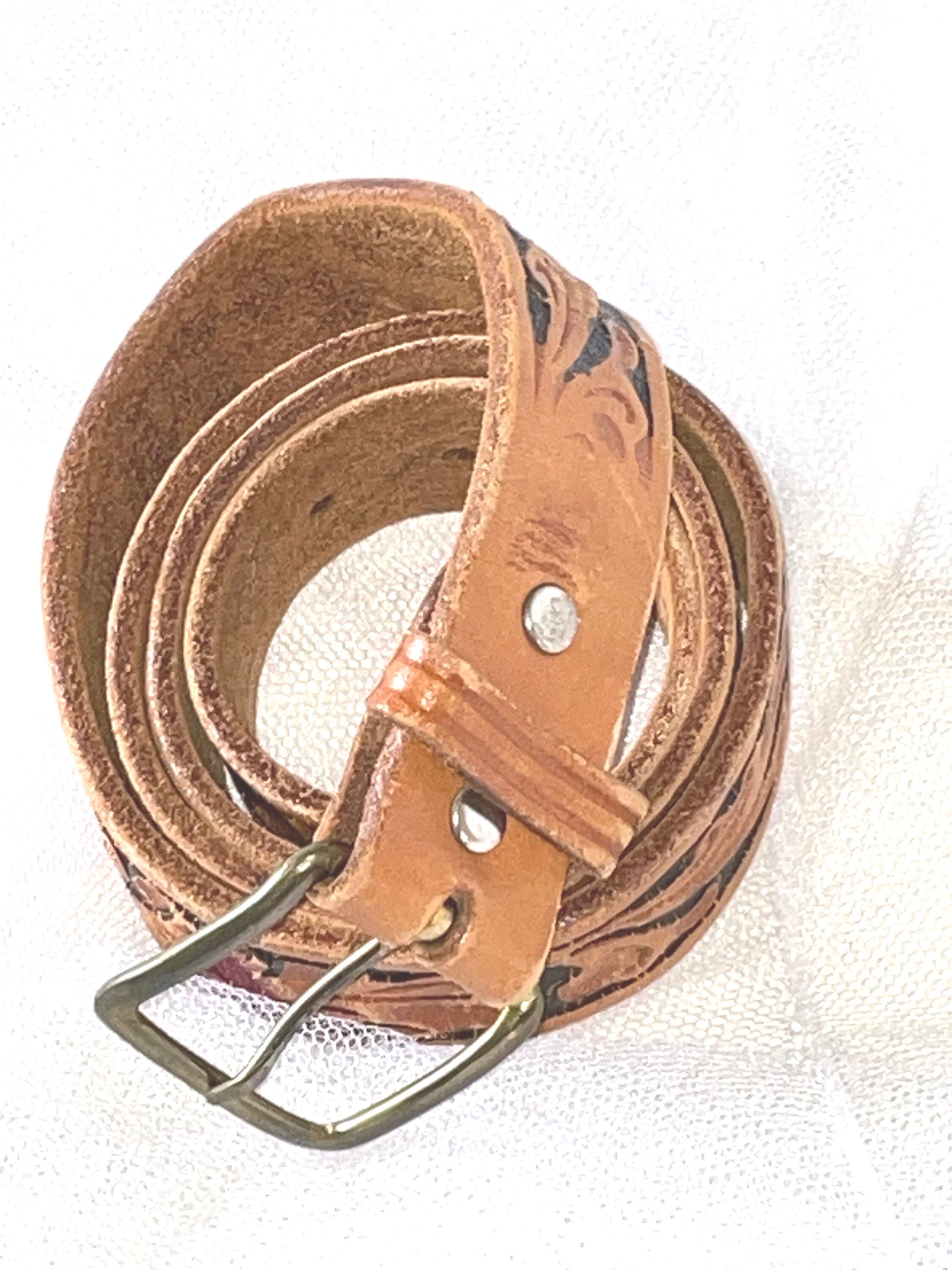 Vintage‎ Hand Tooled Leather Belt Live Edge Wood Buckle Western Unisex Large 36 Hand-Tooled Leather Belt – Custom Cowboy Shop main image 3