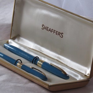 Vintage Set, Sheaffer&#39;s, Blue Fountain Pen & Pencil Set, Sheaffer&#39;s Snorkel Pen, In Original Case, Made in USA, Instructions, White Dot Set