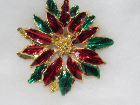 Vintage Poinsettia Pin, Poinsettia Brooche, Red a… - image 1
