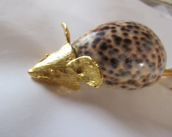 Vintage Little Mouse Made from a Cowrie Shell, Golden Head and Tail, 5 Inches Long,1& 3/4 Inches Wide, Paper Weight, Decorative Piece