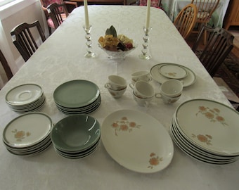Vintage Caribe China, 43 Pieces, Riviera Pattern, Orange Flowers, Green and White, Mid Century Modern, Casual China, Made in USA, Retrocore