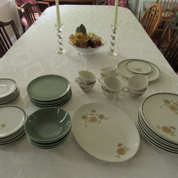 Vintage Caribe China, 43 Pieces, Riviera Pattern, Orange Flowers, Green and White, Mid Century Modern, Casual China, Made in USA, Retrocore