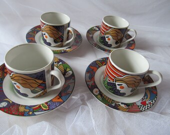 Vintage Vitromaster Stoneware, Metropolitan Pattern, 4 Expresso Cups and Saucers, 1991, Modern Art Vibe, by Sakura, Colorful Abstract
