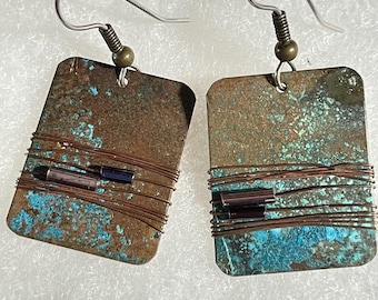 Vintage Earrings, Pierced Earrings,Abstract Design, Modernist Style, Patina Blue,  Avant Garde, Boho
