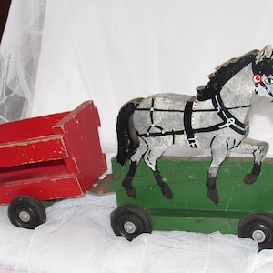 Vintage Toy, Handmade, Toy Pony and Cart, Folk Art, Hand Painted Toy, Wooden Pull Toy, Children's Toy Cart, Primitive Decor, Farmhouse Decor