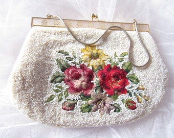 Vintage Evening, White Beaded Clutch, Flower Bouquet Center Motif, Petit Point Wool Yarns, Made in Hong Kong, MOP Trim, Pouch Bag, Hand Made