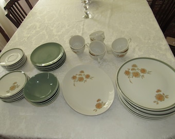 Vintage Caribe China, 43 Pieces, Riviera Pattern, Orange Flowers, Green and White, Mid Century Modern, Casual China, Made in USA, Retrocore