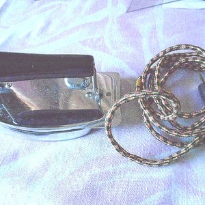 Vintage Chrome Lightweight Folding Iron with Power Cord, the Fiery Feather by Gorgie Mfg. Co., Mid Century Travel Iron