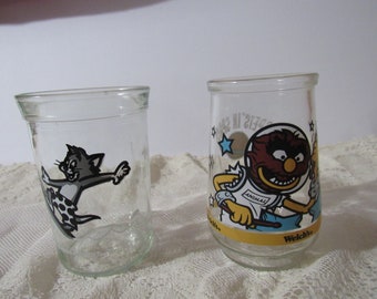 Vintage Pair of Welch's Jelly Glasses, Tom & Jerry, Muffet's Glass, Animal The Drummer, Juice Glasses, Collectible Glass