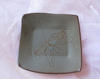 Vintage Ceramic, Dragon Fly, Decorative Plate, Wood Stand, Studio Pottery, Signed, About 6" by 6", Asian Decor Vibe, Elegant