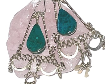 Vintage Pair of Silver and Blue-Green Agate, Dangle Earrings, 3 & I/4” Long, Boho Chic, Paddle Fringe, Estate