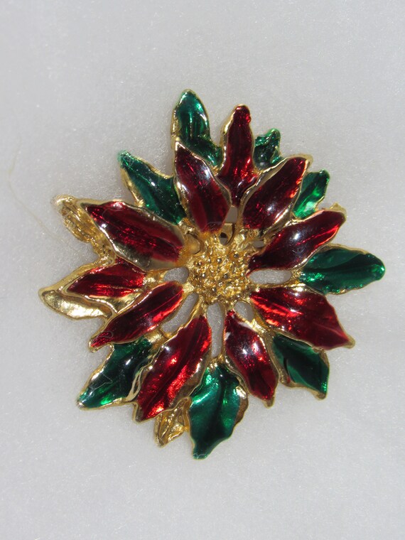 Vintage Poinsettia Pin, Poinsettia Brooche, Red a… - image 5