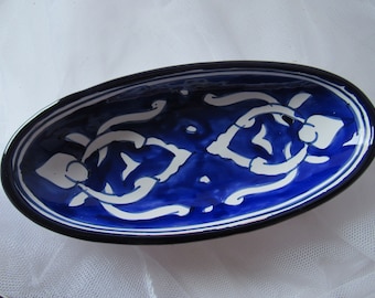 Vintage Tunisian Dish, Blue and White, Hand painted, Terra Cotta, Serving Dish, Pottery Dish