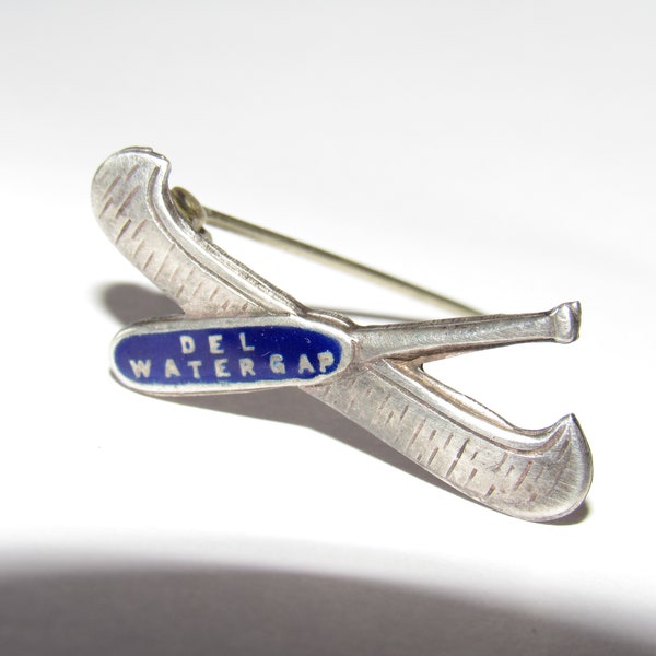 Antique, Delaware Water Gap, Small Sweater Pin, Commemorative Pin, Souvenir Pin, Sterling Silver, Blue Enamel Paddle, C Clasp Pin