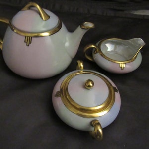 Antique Ceramic, KPM Porcelain, Art Deco, Pink Blue Green Pastel, Teapot, Sugar, and Creamer, Heavy Gold Decorated, Tea Party, PLEASE READ