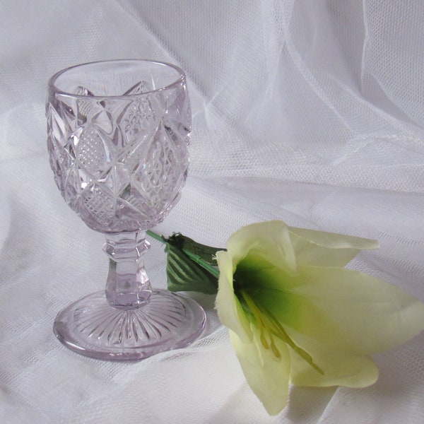 Vintage Glass, EAPG , Pattern Glass, Pennsylvania, aka Balder Kamoni, Pressed Glass, Wine Glass, 4 & 1/4" Tall, 1890s, Slightly Purple Color