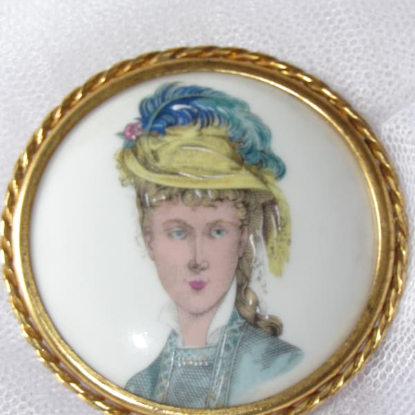 Vintage Framed Ladies Portrait on Porcelain Disc, Gold Tone Frame, Dresser or Powder Room Display, Easel on Back, Marked Limoges