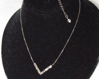 Vintage Sorrelli Jewelry Signed Necklace, V Shaped, Crystals, Silvertone Chain, 16” + 4” Extension, Art Deco Look, Antique Look