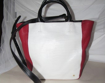 Vintage Etienne Aigner Purse, Red, White and Black, All Leather, Cross Body Strap, Reptile Stamped Leather, 13" by 9.5", Designer Classic