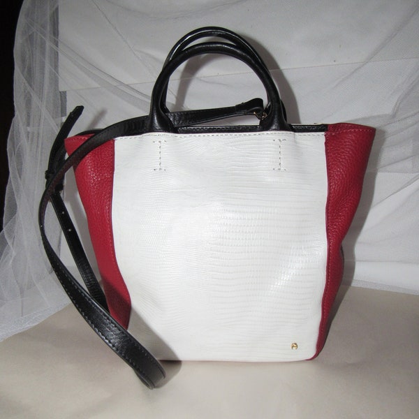 Vintage Etienne Aigner Purse, Red, White and Black, All Leather, Cross Body Strap, Reptile Stamped Leather, 13" by 9.5", Designer Classic