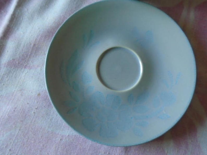 May include: A light blue saucer with a floral design in a lighter shade of blue. The saucer has a center well for a cup.