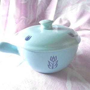 Vintage Cronin Blue Tulip 2 pcs. Pottery Bake Ware, Handle and Pour Spout, 1930-1950