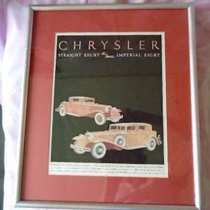 Vtg. Pair, Framed Chrysler Magazine Ads, Straight Eight Imperial Eight, Chrysler Imperial Eight Close-Coupled Sedan, Chrysler Eight Coupe