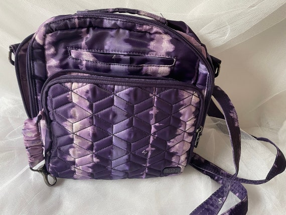 Vintage Lug Ranger Crossbody Bag Shibori Purple Batik Tie Dye Quilted Nylon POLYESTER 10 by 8 by 3.5