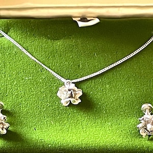 May include: A silver necklace and matching earrings set, featuring a floral design. The jewelry is displayed inside a green velvet-lined box with a cream-colored interior. The necklace has a delicate chain, and the earrings are stud style.