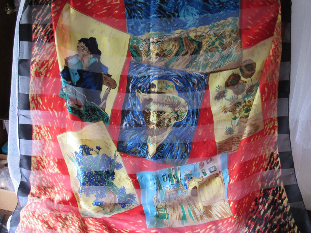 Foulard Carré 100% Soie Vintage - Motif Van Gogh - 50x50 Cm - Femme