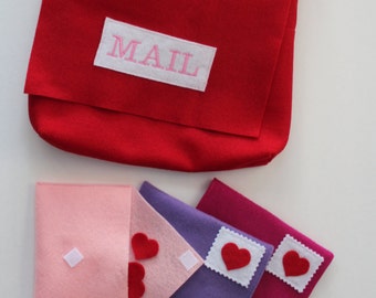 Valentine Mail Carrier Bag and Felt Envelopes - Mail Carrier Play Set - Pretend Play - Dramatic Play - Dress Up - Toddler - Valentines Day