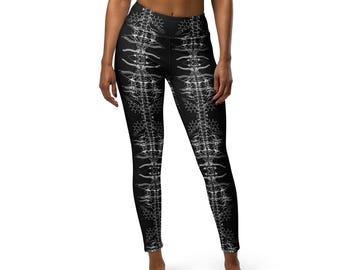 Leggings con estampado de esqueleto, blanco sobre negro, mallas de festival de cintura alta