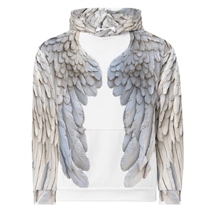 May include: White hoodie featuring a detailed design of angel wings. The wings are rendered in shades of gray and white, creating a textured, feathered appearance. The hoodie has a front pocket and a drawstring hood.
