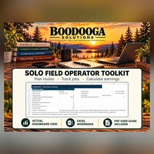 May include: A digital product display for Boodooga Solutions Solo Field Operator Toolkit. It features a spreadsheet dashboard for tracking jobs, routes, and earnings, with icons for actual dashboard view, Excel workbook, and PDF user guide included.
