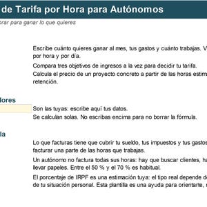 May include: A digital spreadsheet template titled Calculadora de Tarifa por Hora para Autónomos. It includes instructions on how to use the calculator, scenarios, and project tools, along with a color legend for yellow and gray cells.