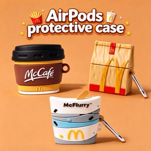 May include: Three silicone AirPods protective cases featuring McDonald's branding. One case resembles a McCafé coffee cup, another a McDonald's paper food bag, and the third a McFlurry cup. Each case includes a metal carabiner attachment.
