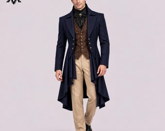 Mens Victorian Navy Blue Tailcoat, Gothic Long Frock Coat with Brown Brocade Waistcoat, Regency Gentleman Suit, Wedding Groom Attire