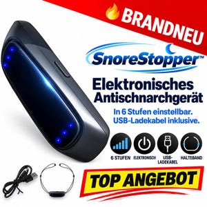 Puede incluir: Un dispositivo electrónico antirronquidos negro con luces indicadoras LED azules, acompañado de un cable de carga USB y una correa negra fina. El dispositivo incluye textos como SnoreStopper, BRANDNEU y TOP ANGEBOT.