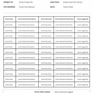 Puede incluir: Un formulario en blanco y negro titulado Material Usage & Job Requisition Log, página 2 de 3. Incluye campos para ID de proyecto, técnico, dirección y fecha, seguido de una tabla con columnas para fecha, descripción de material, cantidad, tarea y registrado por.