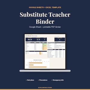 Könnte beinhalten: Eine digitale Vorlage für einen Vertretungslehrer-Ordner für Google Sheets und Excel auf dunkelblauem Hintergrund mit weißem Text. Die Anzeige zeigt ein Sub Binder Overview-Dashboard mit Zeitplänen und Statusdiagrammen.