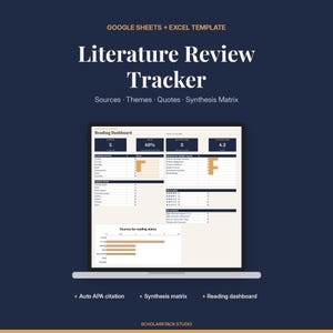 Op de afbeelding: Een digitaal sjabloon voor een literatuuronderzoek-tracker voor Google Sheets en Excel, weergegeven op een laptopscherm. Het dashboard bevat grafieken, leesstatusstatistieken, brontypen en een synthesematrix met tekst.