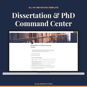May include: A digital Notion template displayed on a laptop screen titled Dissertation & PhD Command Center. The interface features a library header image, instructional text, and organized sections for academic research management.