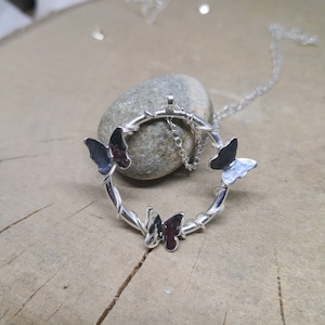 Sterling Silver Butterfly Necklace: Handmade Hoop Pendant, 18 Inch Chain