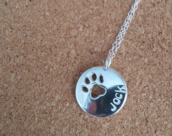 Personalized Sterling Silver Dog Paw Necklace: Pet Name Jewelry