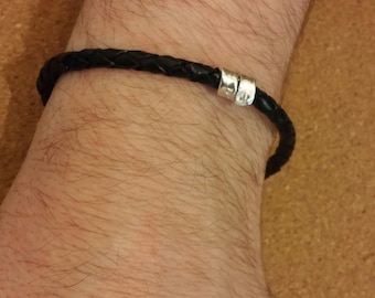 Personalized Black Leather Bracelet: Sterling Silver Charm, Magnetic Clasp