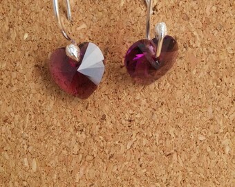 Heart Purple Swarovski Earrings, Sterling Silver Hooks
