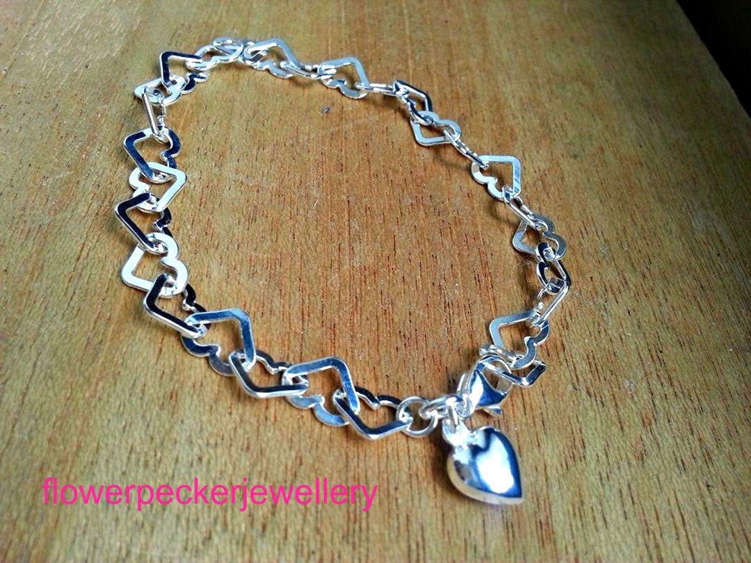 Sterling Silver Heart Link Bracelet With Puff Charm - Etsy